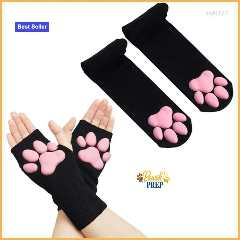 Cat Paw Thigh High Socks with 3D Toe Beans, Soft Microfiber, One Size